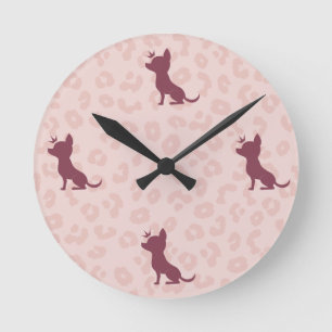 Majestic Chihuahua on Pink Leopard Print Round Clock