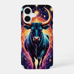 Majestic Cosmic Bull Surrounded by Glowing Stars iPhone 16 Case