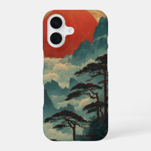 Majestic Crimson Sun & Misty Teal Mountains iPhone 16 Case