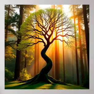 Majestic Curved Tree in Forest with Radiant Sunlig Poster
