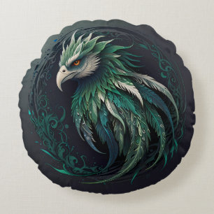 Majestic Cute Green Phoenix Bird Design Round Cushion