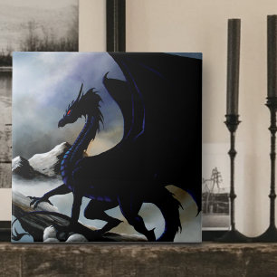 Majestic Dark Dragon Black Fantasy Mountains Ceramic Tile