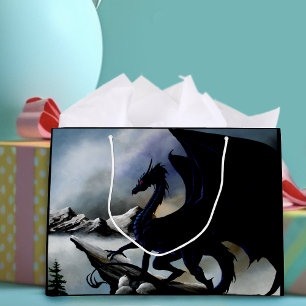 Majestic Dark Dragon Black Fantasy Mountains  Large Gift Bag