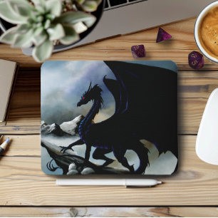 Majestic Dark Dragon Black Fantasy Mountains Mouse Pad