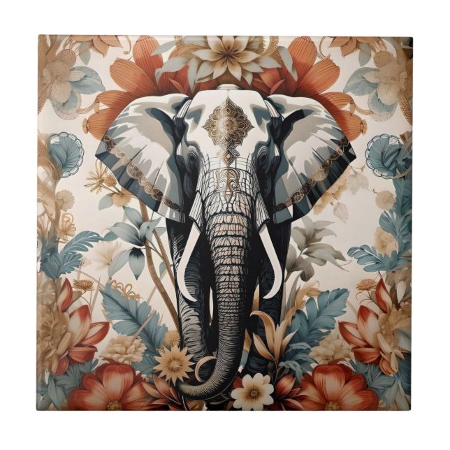 Majestic Decorated Elephant Wildlife Ceramic Tile (Front)