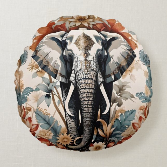 Majestic Decorated Elephant Wildlife Round Cushion (Front)
