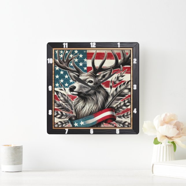 Majestic Deer Flag Feather Square Wall Clock (Home)