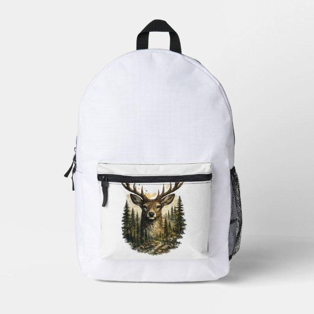 Majestic Deer Forest Adventure Nature/ Watch Printed Backpack (Front)