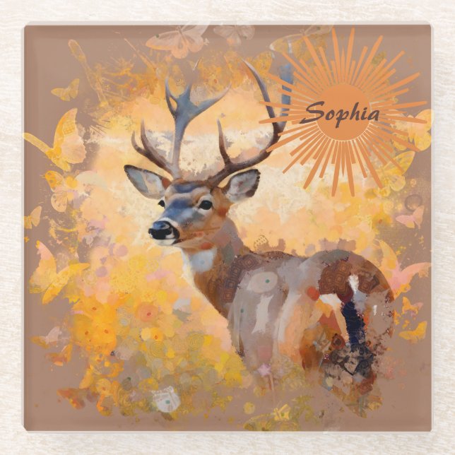Majestic Deer in a Field of Wildflowers Glass Coaster (Front)