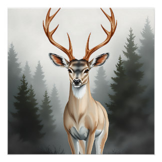 Majestic Deer in Misty Forest – Tranquil Wildlife Poster