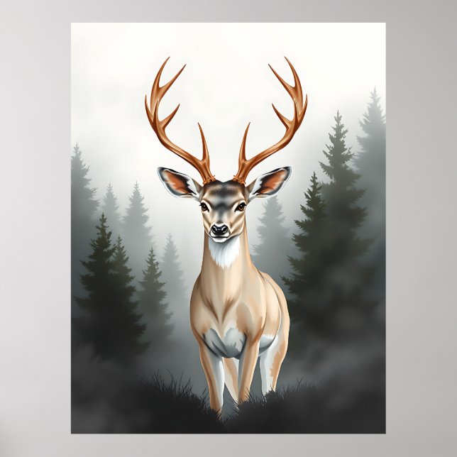 Majestic Deer in Misty Forest – Tranquil Wildlife  Poster (Front)