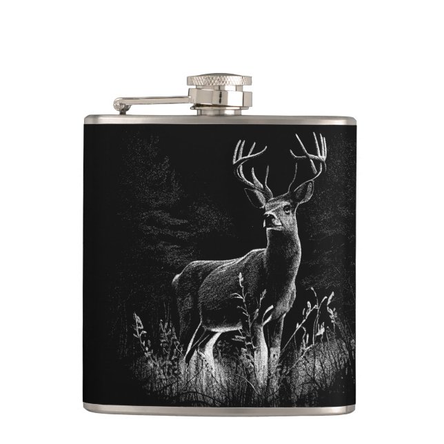 Majestic Deer in the Wilderness – Black&White Art Hip Flask (Front)