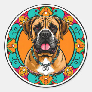 Majestic Dog Portrait in Vibrant Floral Mandala Classic Round Sticker