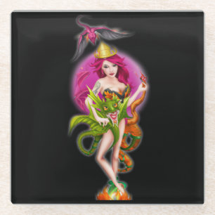 Majestic Dragon Princess Queen Fire Flying  Glass Coaster