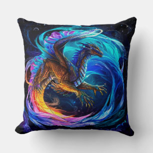 Majestic Dragon Soars Amid Vibrant Swirls Cushion