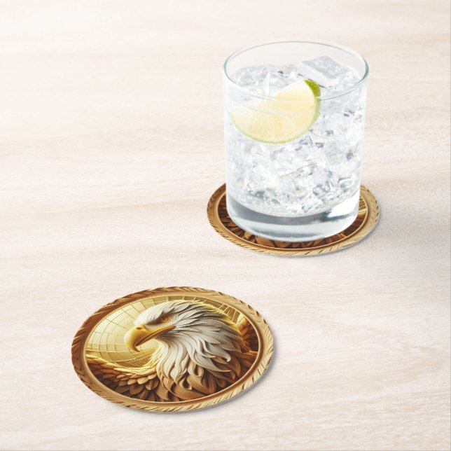 Majestic Eagle: A Golden Tribute Round Paper Coaster (Insitu)