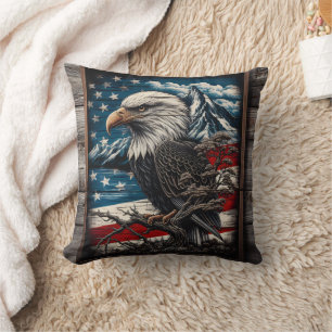 Majestic Eagle Against American Flag Background Cushion
