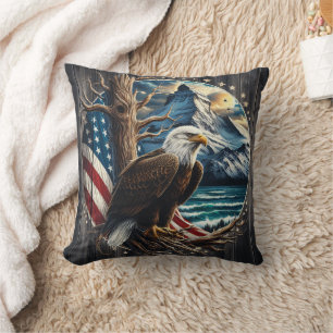 Majestic Eagle Against Scenic American Background Cushion