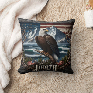 Majestic Eagle Against Scenic Mountain Backdrop Cushion