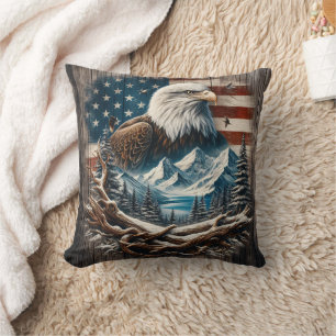 Majestic Eagle Among Mountains and American Flag Cushion