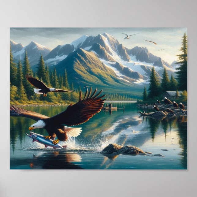 Majestic Eagle Capturing Fish at Sunrise 10x8 Poster (Front)
