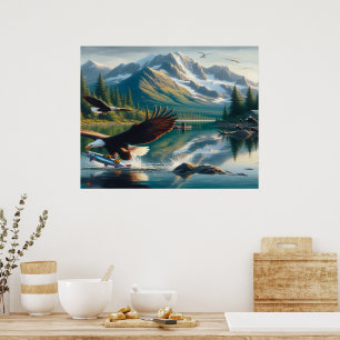 Majestic Eagle Capturing Fish at Sunrise Poster