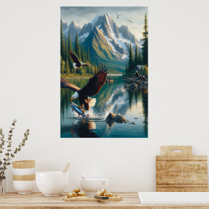 Majestic Eagle Capturing Fish at Sunrise Poster