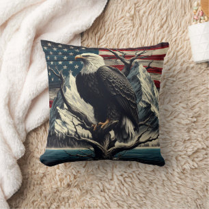Majestic Eagle Displaying Strength Near Mountains Cushion