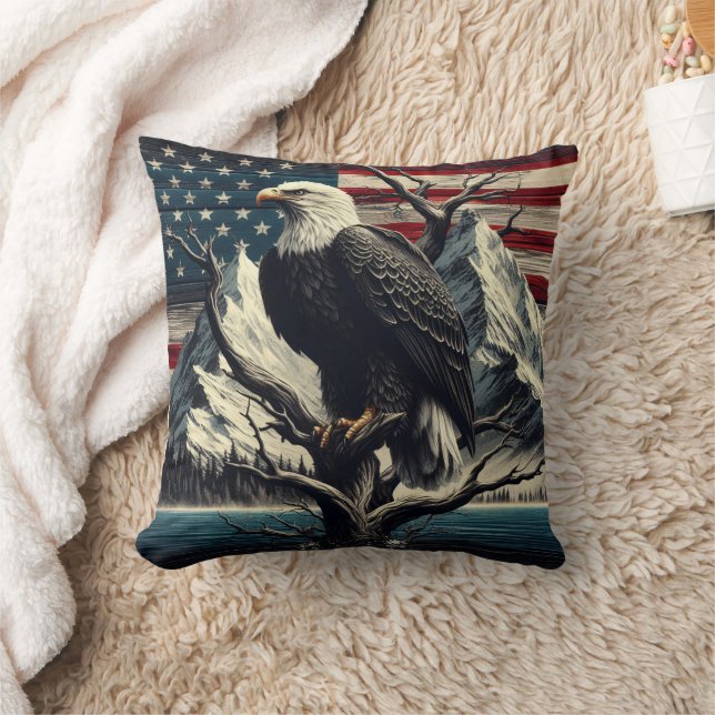 Majestic Eagle Displaying Strength Near Mountains Cushion (Blanket)