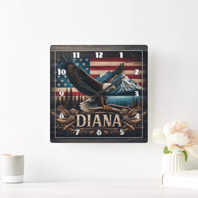 Majestic Eagle Displaying Strength Over Mountains Square Wall Clock (Home)