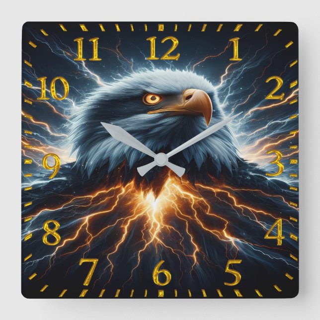 Majestic Eagle Embracing Lightning Square Wall Clock (Front)