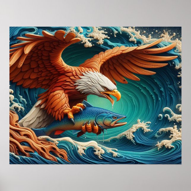 Majestic Eagle Fishing in a wave 20x16 Poster (Front)