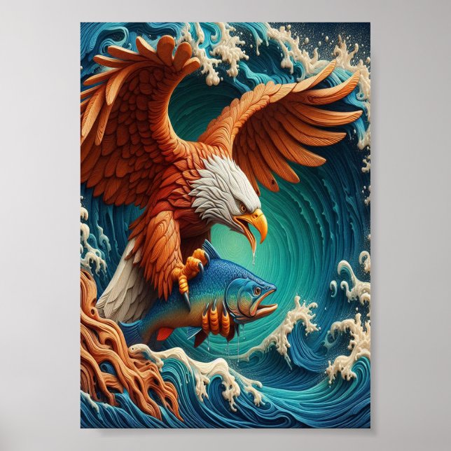 Majestic Eagle Fishing in a wave  7x5 Poster (Front)