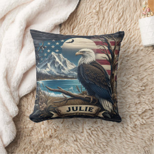 Majestic Eagle Near Mountains and American Flag Cushion
