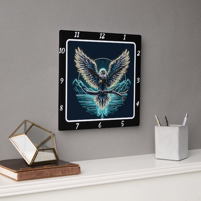 Majestic Eagle Neon Glow Square Wall Clock (Office)