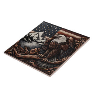 Majestic Eagle on American Flag Relief Artwork Ceramic Tile