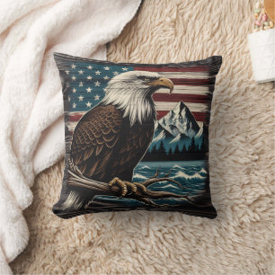 Majestic Eagle on Branch With American Theme Cushion