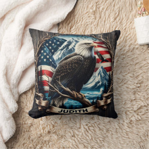 Majestic Eagle Over American Mountains and Flag Cushion