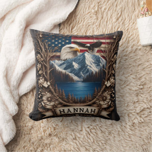 Majestic Eagle Over Mountains and American Flag Cushion