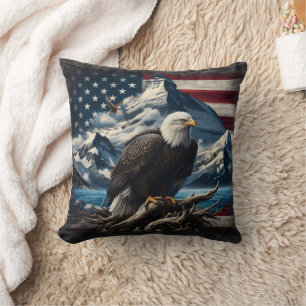Majestic Eagle Over Mountains and American Flag Cushion