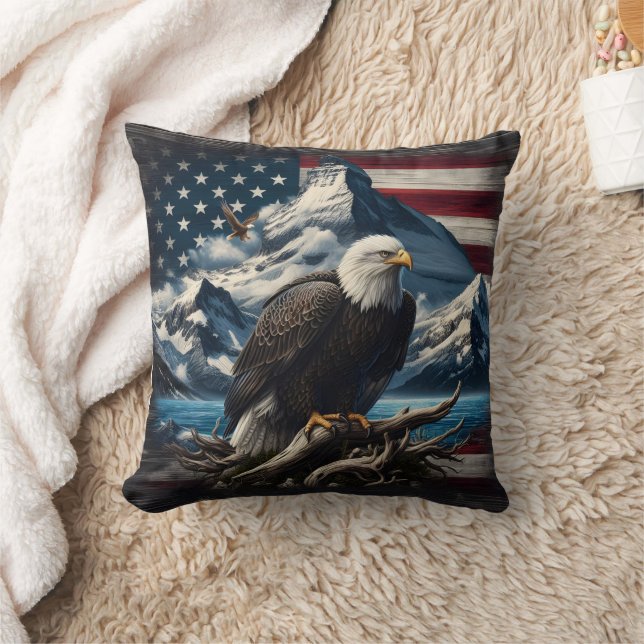 Majestic Eagle Over Mountains and American Flag Cushion (Blanket)
