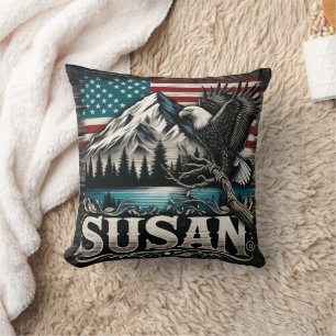 Majestic Eagle Over Mountains and American Flag Cushion