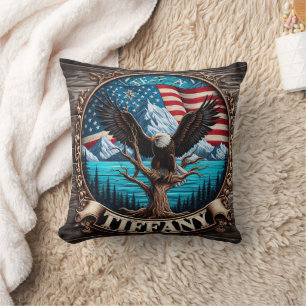 Majestic Eagle Over Mountains and American Flag Cushion