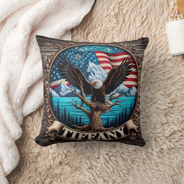 Majestic Eagle Over Mountains and American Flag Cushion (Blanket)