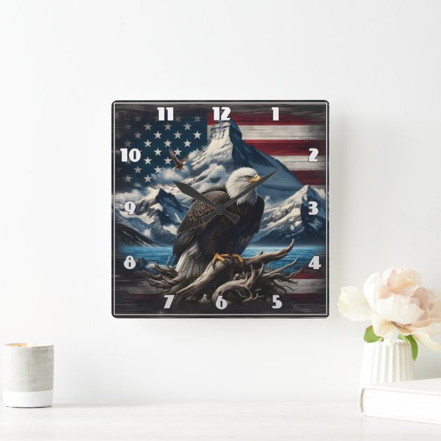 Majestic Eagle Over Mountains and American Flag Square Wall Clock (Home)