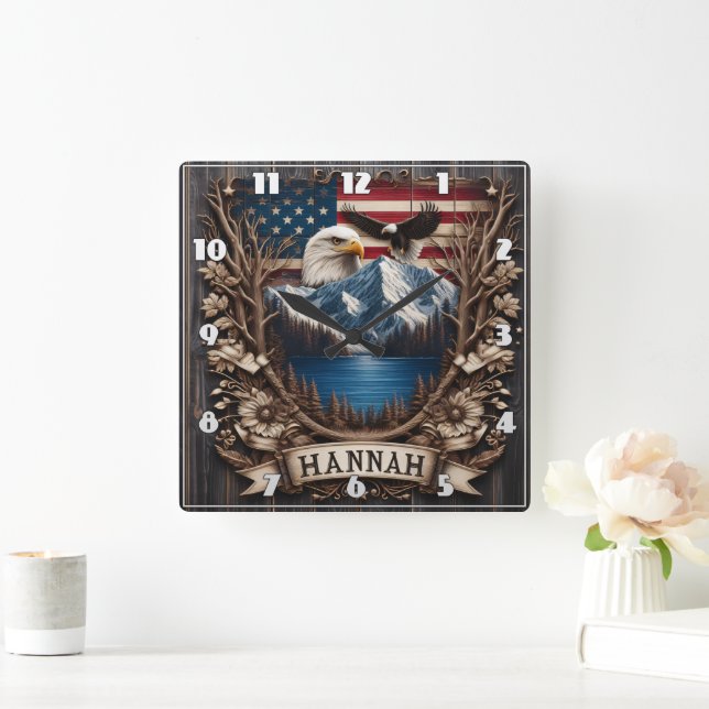 Majestic Eagle Over Mountains and American Flag Square Wall Clock (Home)
