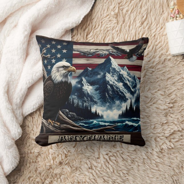 Majestic Eagle Over Mountains and Waves Cushion (Blanket)
