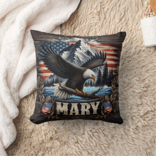 Majestic Eagle Over Water With Mountain Background Cushion