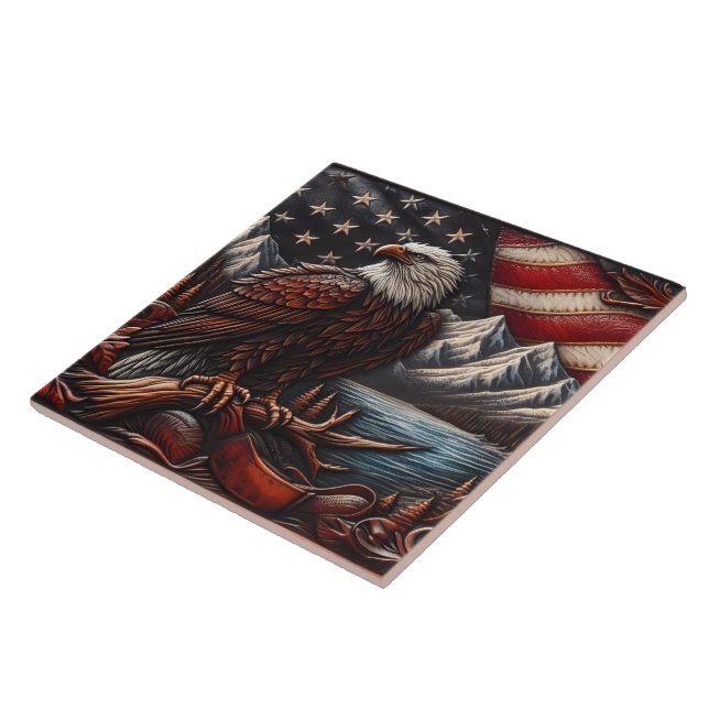 Majestic Eagle Overlooking Mountains and Flag Ceramic Tile (Side)