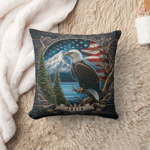 Majestic Eagle Overlooking Mountains and Flag Cushion